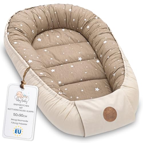 Ninho bebé recém-nascido 90 x 50 cm - casulo de colecho redutor berço algodão cuco ideal para gôndola moisés e viagem perfeita para meninos e meninas bege com estrelas brancas