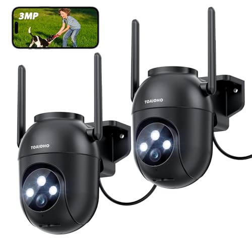 TOAIOHO 2K Câmara de vigilância WiFi exterior/interior, câmara de vigilância 2 unidades, visão noturna colorida, proteção completa de 360 °, áudio bidirecional, alerta de movimento, Android/iOS, preto