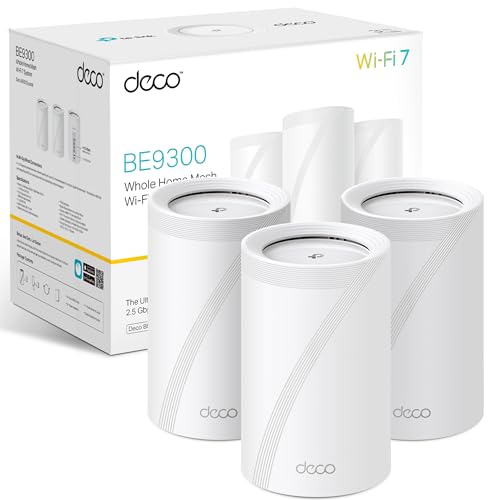 TP-Link Deco BE65 (3-Pack) - BE9300 Wi-Fi 7 Mesh WLAN Conjunto (embalagem de 3), Tribanda 5760 Mbit/s (6 GHz) 2880 Mbit/s (5 GHz) + 574 Mbit/s (2,4 GHz), 6 GHz), 6 Transmissões , 4 portas 2,5 G, 1 USB