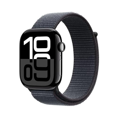 Apple Watch Series 10 GPS Cellular Smartwatch com caixa de alumínio preto brilhante de 46 mm e correia desportiva loop tinta - tamanho único. Monitor de treino, App ECG e neutro em carbono
