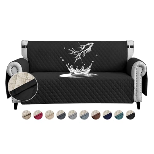 FIGOOO Capa de sofá impermeável 4 lugares antiderrapante com correias elásticas protetor para sofá acolchoado reversível para animais de estimação cães gatos, preto