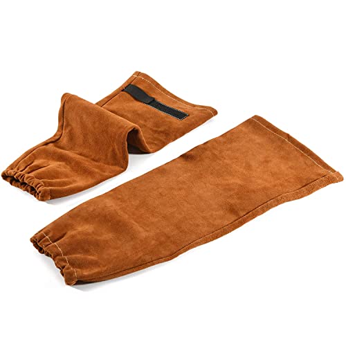 QeeLink Mangas de soldador de couro de vaca para homem e mulher, forro anti-aderente, mangas protetoras de braços resistentes ao calor e ignífugas para soldagem e jardinagem, Castanho-grande