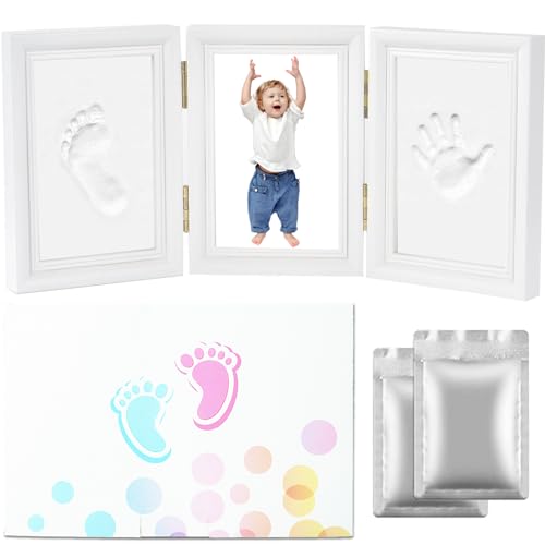 Bizcasa Moldura pegadas para bebé, kit de lembrança de bebé, kit de impressões de mão e pé de bebé, kit de moldura de mãos e pés com argila, presentes para bebés (A1-35 x 15,5 cm)