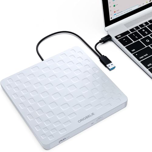 ORIGBELIE Gravador de CD de DVD externo, USB 3.0 tipo C ultra fino 13 mm unidade CD/DVD +/-RW, Plug & Play leitor de CD externo para portátil, Windows 11/10/8/7, Linux e Mac OS (branco)