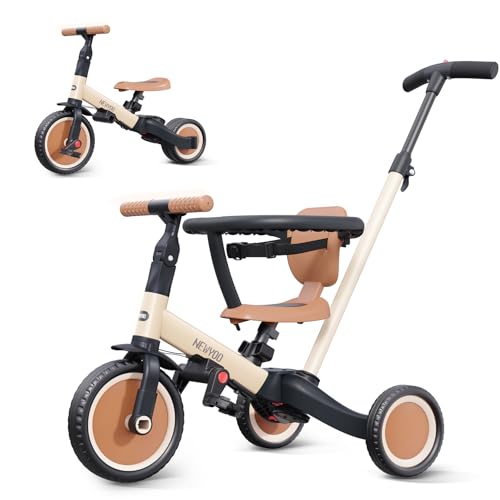 newyoo TR008 Triciclo evolutivo 5 em 1 para crianças 1-3 anos com barra de segurança e haste de impulso, presente de aniversário para meninos e meninas, bicicleta de equilíbrio e brinquedo montável