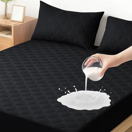 Ystyle Protetor de colchão impermeável, 180 x 200 cm, capa de colchão anti-ácaros anti-riscos, elástico em todo o contorno, cobertura de colchão hipoalergénico, para altos de 30 cm, preto