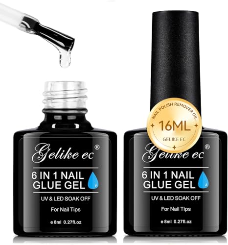 Gelike ec Cola unhas falsas super forte 2 x 8 ml, 6 em 1 cola para unhas acrílicas, dicas de unhas e unhas de pressão, cola unhas acrílicas com pincel para dicas unhas - precisa de curar