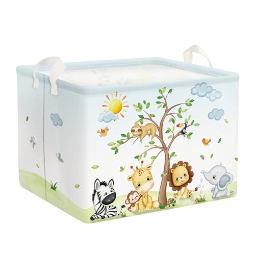 Clastyle 36 L Grande caixas de armazenamento animais da selva com alça cesta para guardar girafa leão azul roupa brinquedos dobrável retangular para quarto infantil quarto