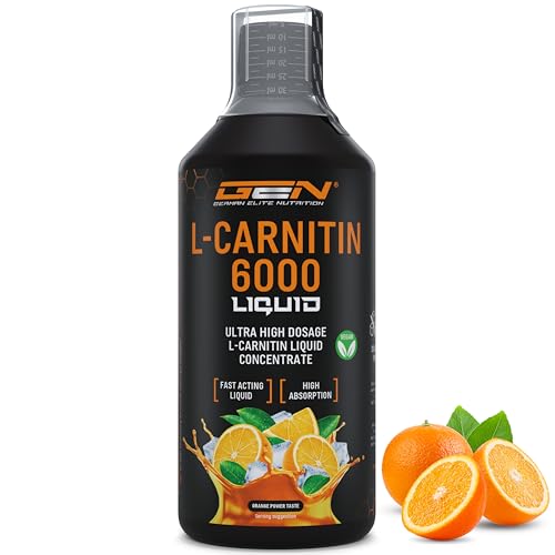 L-carnitina 6000 Líquido - 1000 ml, dose extra alta com 6000 mg de L-carnitina pura por porção diária - bebida amino-treino - sabor delicioso (Orange Power) - Vegan