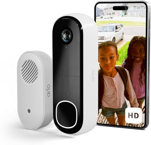 Arlo Essencial 2 Porta-redes WiFi campainha sem fios exterior impermeável, HD, detector de movimento, visão noturna, áudio bidirecional, teste de arco seguro incluído, 1 câmara, branca