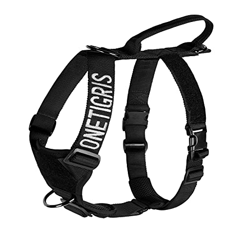 OneTigris No-Pull Arnês para cães Goliath com alça, arnês tático ajustável para cães, cachorros, caça, caminhadas, treino, passeio, atividades ao ar livre (preto, M)