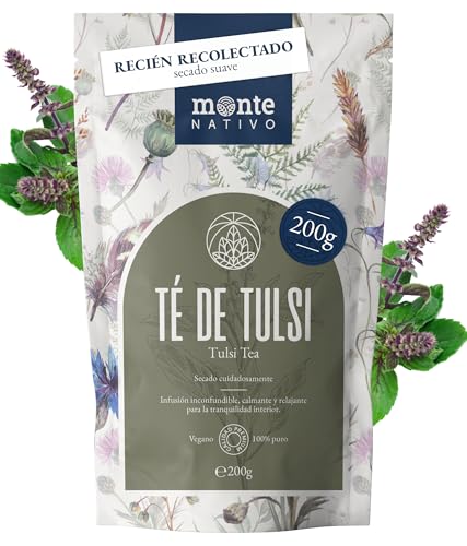 Chá de Tulsi Monte Nativo (200 g) - Manjericão Sagrado 100% puro e natural - Armático Ayurvédico de Ervas e Frutas - Quente ou Gelado - Folhas de Tulsi sem aditivos