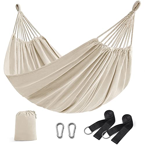 SONGMICS Rede de rede, 210 x 150 cm, rede de casal, carga de 300 kg, para jardim, terraço, varanda, ao ar livre, campismo, bolsa de transporte, correias de fixação e mosquetões, bege GDC15 M
