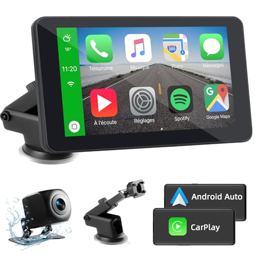 Ecrã carro com Carplay e Android Auto sem fio, 7 polegadas portátil ecrã Carplay carro sem instalação com Dashcam câmara, Bluetooth, navegador GPS, Mirror Link, controlo de voz, FM, AUX