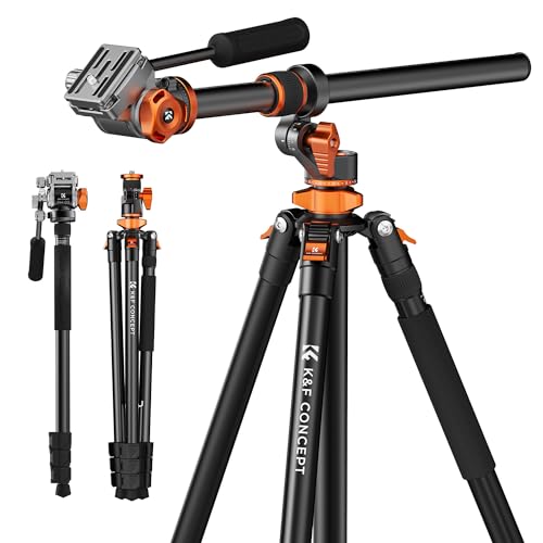 K&F Concept Tripé câmara 231 cm, tripé com cabeça fluída T254A7 FH-03, tripé com coluna central de 90° e monopie removível, tripé de viagem de alumínio para câmaras DSLR