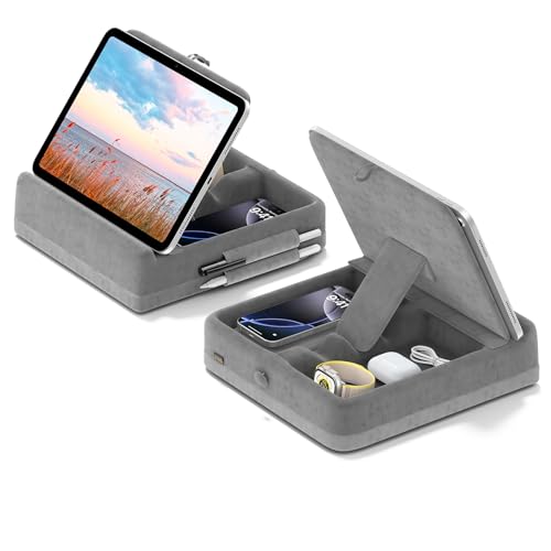KDD Suporte de almofada para tablet com armazenamento, suporte de tablet para cama, suporte de tablet ajustável ângulo com suporte de agulha compatível com iPad Pro, Air, Mini, Book, Phone (4-13 ")