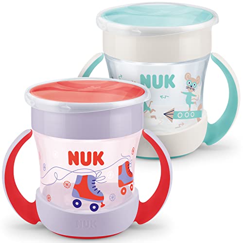 NUK Mini Magic Cup caneca para sorver | borda à prova de derrames de 360° | 6 meses, alças para facilitar a fixação, sem BPA, 160 ml, 2 unidades, vermelho e turquesa