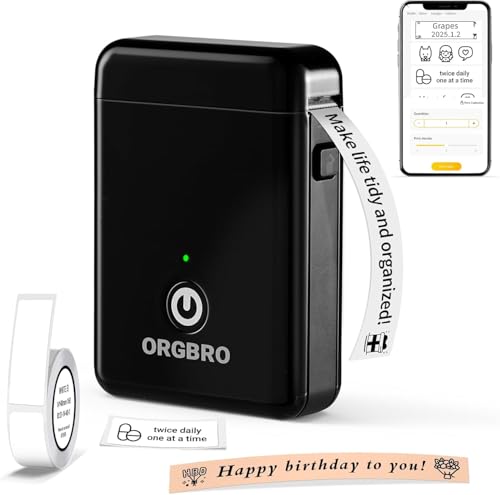 ORGBRO X1 Etiquetadoras, impressora térmica de etiquetas autocolantes portátil Bluetooth mini Label Maker compatível com iOS/Android para casa e escritório, inclui 1 rolo de etiquetas (preto)