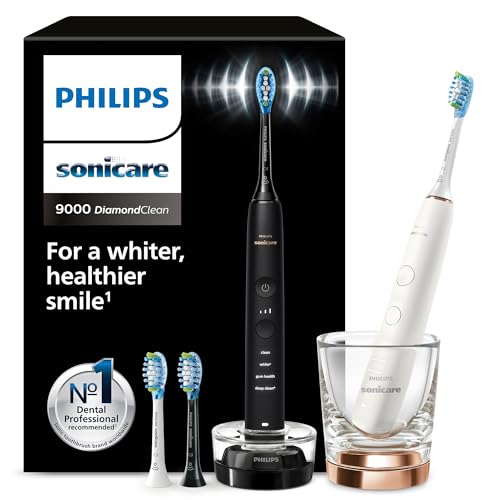 Philips Sonicare DiamondClean 9000 escova de dentes elétrica, embalagem dupla, escova de dentes sónica com aplicação, sensor de pressão, copo de carga, preto e ouro rosa, modelo HX9914/61