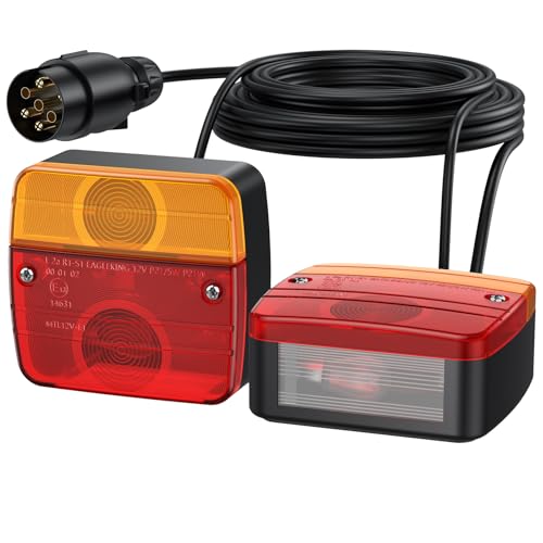 Justech 2 peças luzes traseiras reboque com cabo de 7,5 m e 7 pinos conector 12 V lâmpadas piloto traseiro de 5 funções luz de matrícula placa traseira luz de travão para reboque camião Caravan E-Mark