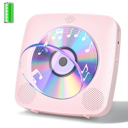 Gueray Leitor de CD portátil Bluetooth 1800 mAh leitor de CD adequado para leitores de CD domésticos com altifalantes duplos, rádio FM, remoto, porta de auriculares USB AUX-rosa