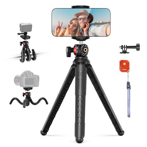 NEEWER Tripé flexível com remota, mini câmara telefone tripé Vlog Selfie Stick com suporte oculto e adaptador câmara ação compatível com iPhone GoPro Hero 13 11 10 câmara Samsung, TP35