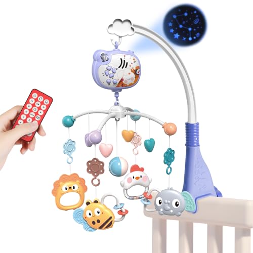 Aolso Móvel musical para berço de bebé, pendente para carrinho com sino, controlo remoto móvel de berço com projeção e função de tempo, bebé móvel para berço, chocalhos para animais, coelho - azul