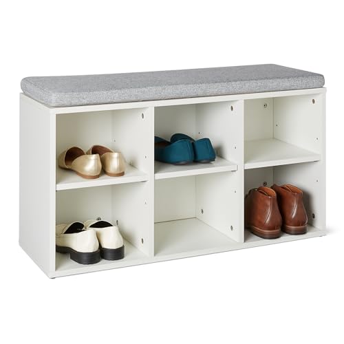 Amazon Basics Banco para guardar sapatos com almofada, sapato com 6 compartimentos, prateleiras ajustáveis, para entrada, 87 x 30 x 48 cm, branco