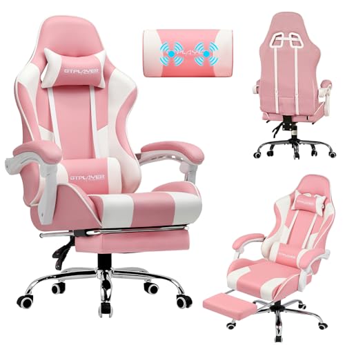 LUCKRACER Cadeira de jogos com massagem ergonómica, apoios para os pés e apoios de cabeça retrátil | suporte 150 kg, escritório e casa, rosa