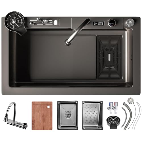 1 pia de cozinha com cascata, torneira em cascata LED, tábua de cortar deslizante e máquina de lavar louça de alta pressão, compacto e multifuncional