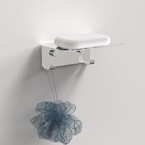 Luxspire Saboneteira de parede para casa de banho, bandeja de sabão chuveiro em aço inoxidável 304 com drenagem e 2 ganchos para caixa sabão casa de banho cozinha lavatório, saboneteira autocolante