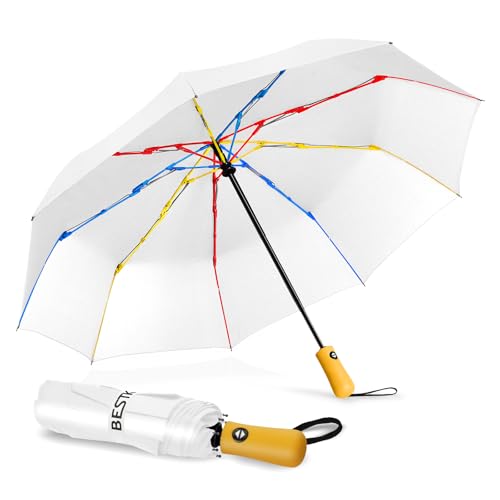 BESTKEE Windproof Travel Folding Umbrella Automatic, Large Rain Folding Compact Umbrella Portable Fast Drying with Auto Open/Close Button, Non-Slip Handle