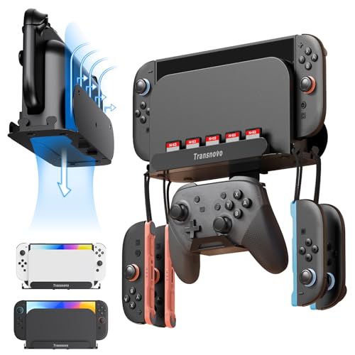 TRANSNOVO Suporte de parede para Nintendo Switch 2/Switch OLED/Switch Dock, suporte de parede versátil com 5 ranhuras para cartões de jogo, 4 ranhuras para pendurar Joy-Con e gancho para controlador