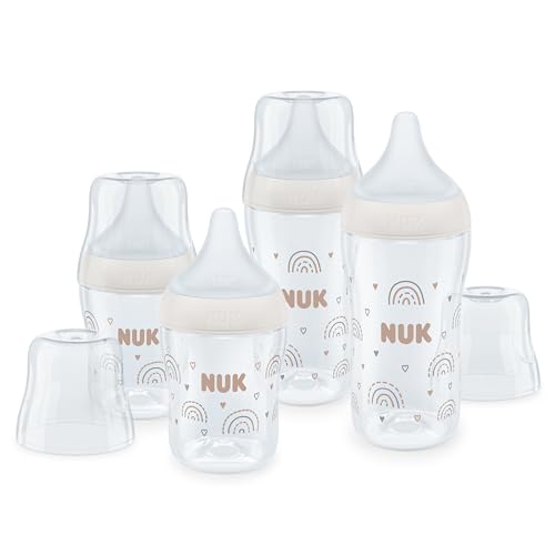 Conjunto de biberões Perfect Match da NUK + 3 meses | adapta-se ao paladar do bebé, controlo de temperatura, ventilação anticólica, 150 e 260 ml, sem BPA, Tetinas de silicone, arco-íris, 4 unidades