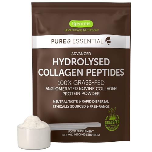 Colágeno hidrolizado em pó, 100% vacino alimentar de pasto, peptídeos de colagénio para produzir colagénio de tipos 1, 2 e 3, livre pastório, etiqueta limpa, fácil de misturar, 40 doses, de Igennus