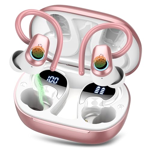 Auriculares sem fios desportivos, auriculares Bluetooth 5.3 com HD Mic, 50 horas de reprodução com cancelamento de ruído ENC, ecrã LED, IP7 impermeável capacetes sem fios para iOS Android, rosa