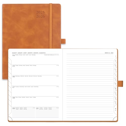 POPRUN Agenda 2025 2026 vista semanal 22 x 16,5 cm, uma página por semanal com uma página de notas de 17 meses de ago.2025 a dec.2026, 80 GSM papel, castanho