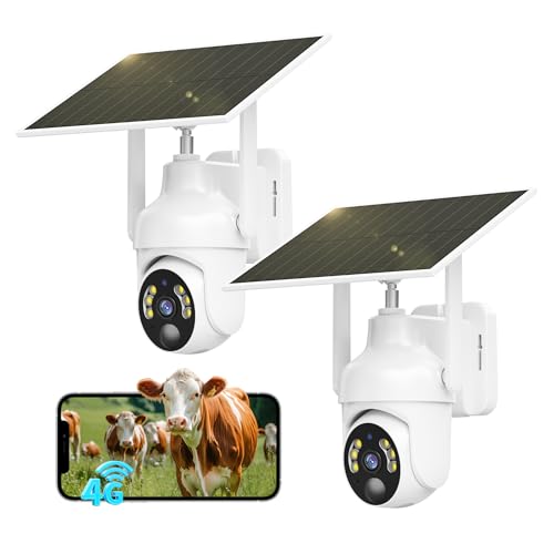 SEHMUA 4G LTE Câmara de vigilância exterior com painel solar, 2K 360° PTZ câmara com cartão SIM sem fio, PIR deteção de movimento, visão noturna colorida, áudio bidirecional, IP66, 2 unidades