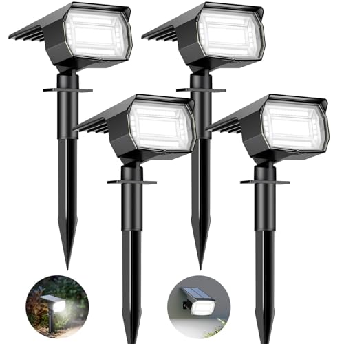 btfarm Luzes solares LED exterior jardim [4 pacote / 72 LED], holofotes LED exteriores solares poderosos à prova de água IP65 candeeiro luz solar exterior iluminação para chão exterior, branco frio