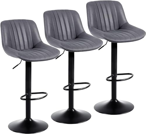 Youhauchair Bancos altos de cozinha conjunto de 3, banco giratório de altura com encosto, banco alto ajustável de couro PU, banco de cozinha moderna, cinzento escuro