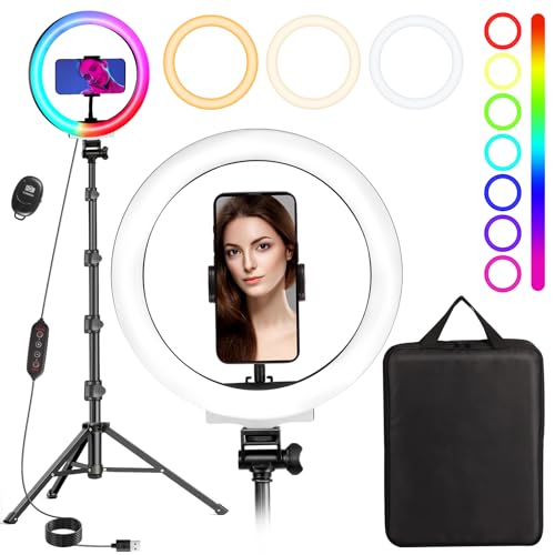 Aro de luz com tripé alto total 180 cm, MICCYE 10 '' Ring Light RGB anel de luz LED para telemóvel Live Selfie Vlog Video