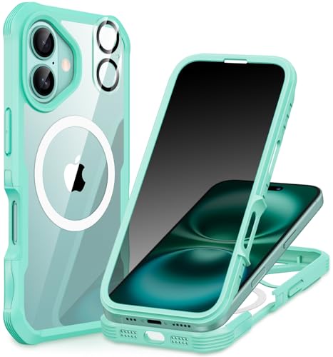 CENHUFO Magnética anti-espia capa iPhone 16 Plus, compatível com MagSafe integrado privacidade vidro temperado protetor de ecrã e protetor câmara 360 graus anti-choque capa dupla case - verde