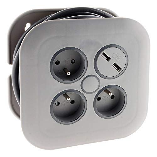 Zenitech - Enrolador doméstico 3 tomadas 2P+T 16A + disjuntor 2 x USB - cinzento - 7 metros