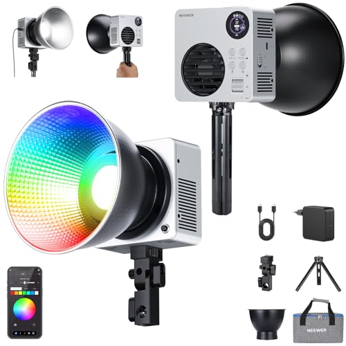 NEEWER HB80C - Iluminação de vídeo LED RGBWW 80 W, inclui bateria de 72 W, carregador rápido PD de 100 W, controlo App/2,4 G, 10400 Lux/m 2500 K-7500 K, armação Bowens Mini, para estúdio fotográfico,