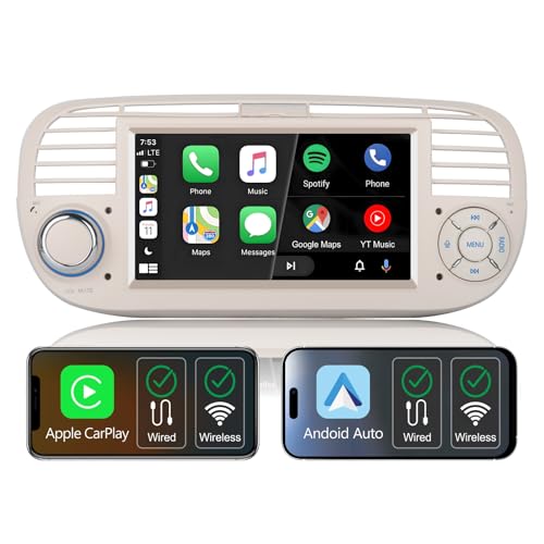 Rádio CarPlay sem fios para Fiat 500 2007-2015, ecrã IPS de 7", rádio Fiat 500, compatível com Android Auto e Mirrorlink, SWC Original, Bluetooth, microfone, Am FM RDS, USB, EQ/DSP, NNN. Navegação (B