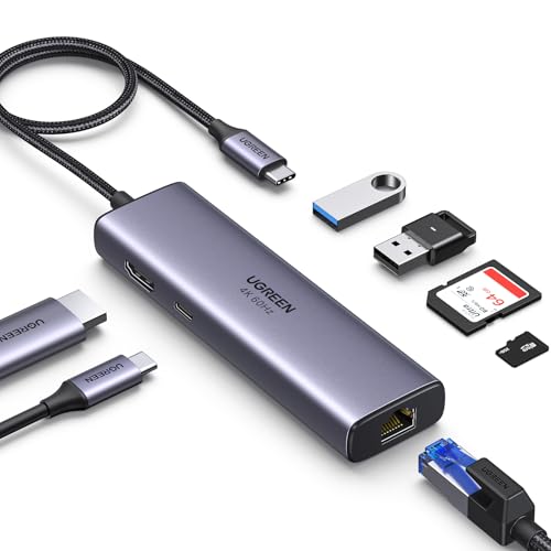 UGREEN Revodok 107 Hub USB C HDMI 4K 60Hz Adaptador tipo C Ethernet RJ45 Gigabit leitor cartão SD TF PD 100 W carregamento Docking Station compatível com MacBook Pro Air, iPad, iPhone 16 Plus MAX