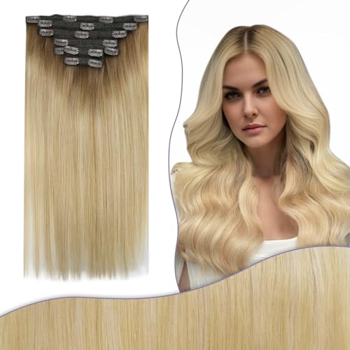 Fshine Clipe de cabelo natural Extensões de cabelo 135 g 7 peças 40 cm castanho médio a loiro mel e loiro cabelo humano Remy liso clip in Hair Extensões Human Hair Color 6 27 60