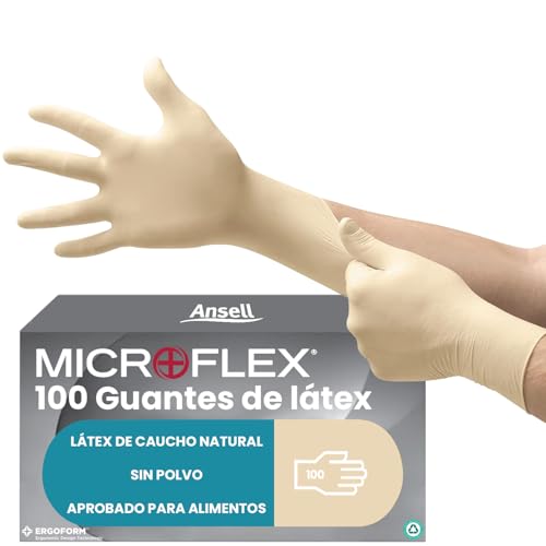 Ansell MicroFlex 63-864 Luvas descartáveis sem poeira, dedos texturados e reforçados, proteção mecânica, segurança alimentar, látex de borracha natural, branco, tamanho L (100 luvas)