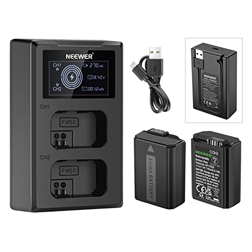 NEEWER NP-FW50 - Bateria de substituição, compatível com Sony ZV-E10, a7, a7R, a7RII, a7II, a7SII, a7S, a7RII, a6300, a6500, RX10, 2-Pack 1100 mAh BG Aateria, carga ador duplo USB, cabo USB-C