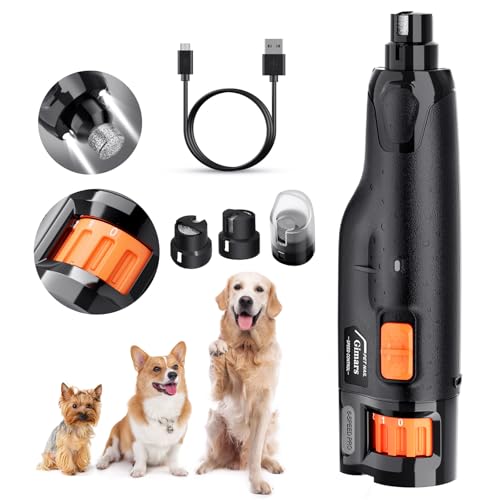 Gimars Lima de unhas elétrica para cães, ajustável 6 velocidades cortador de unhas elétrico, corta-unhas elétrico para cães com luz LED, recarregável lima de unhas de 3 portas para cães laranja